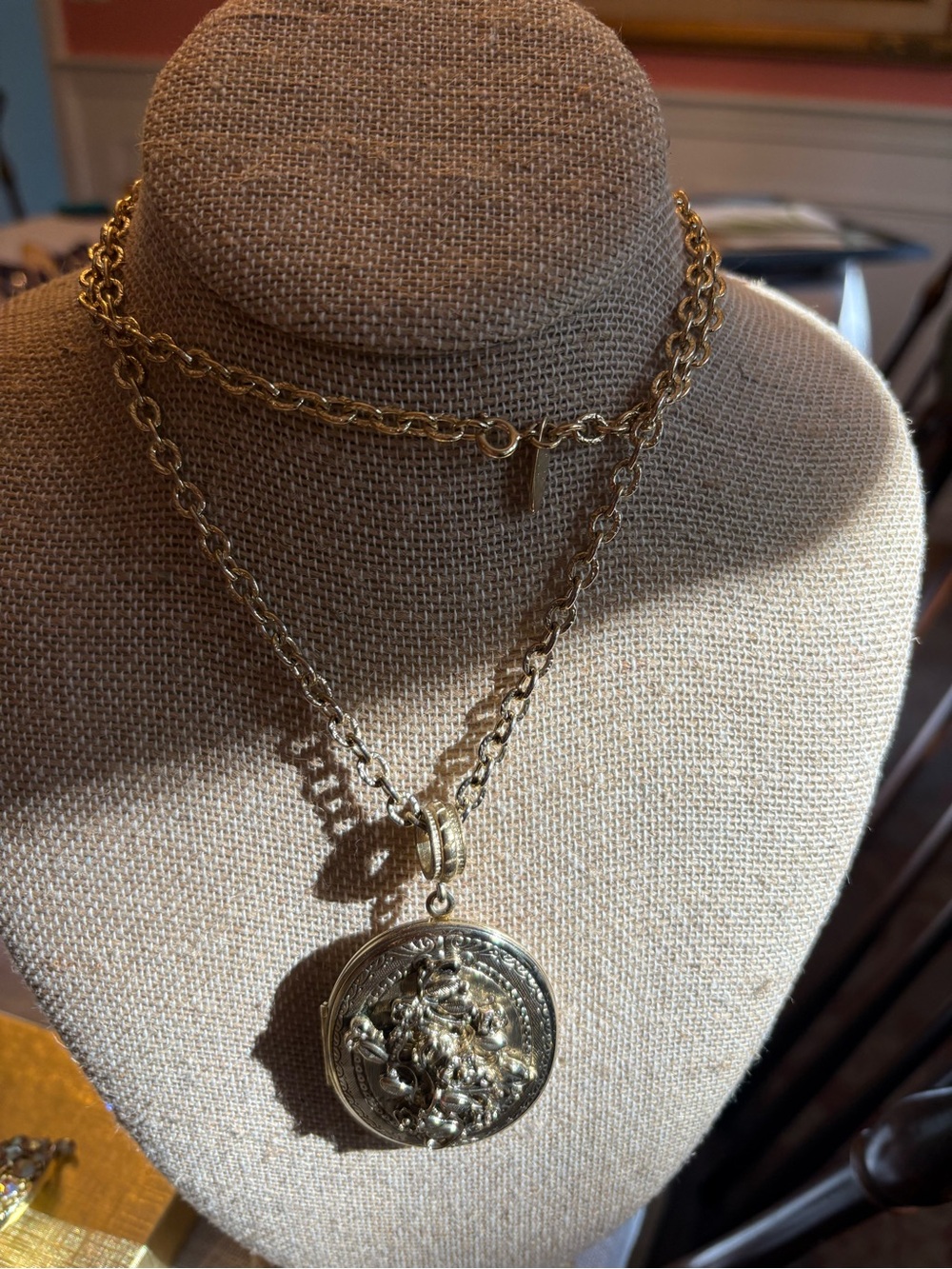 Whiting & Davis Large Gold Medallion Layered Locket Pendant Necklace